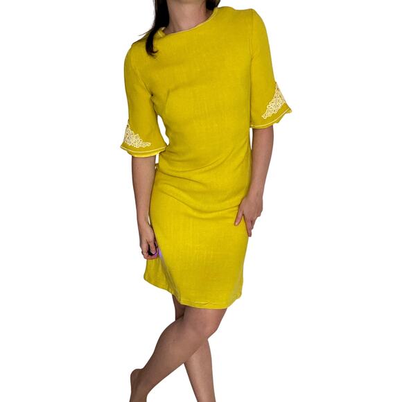 Vintage 1960s Lime Green Shift Dress Stacy Ames Lace Trim Linen Metal Zipper - Picture 8 of 12